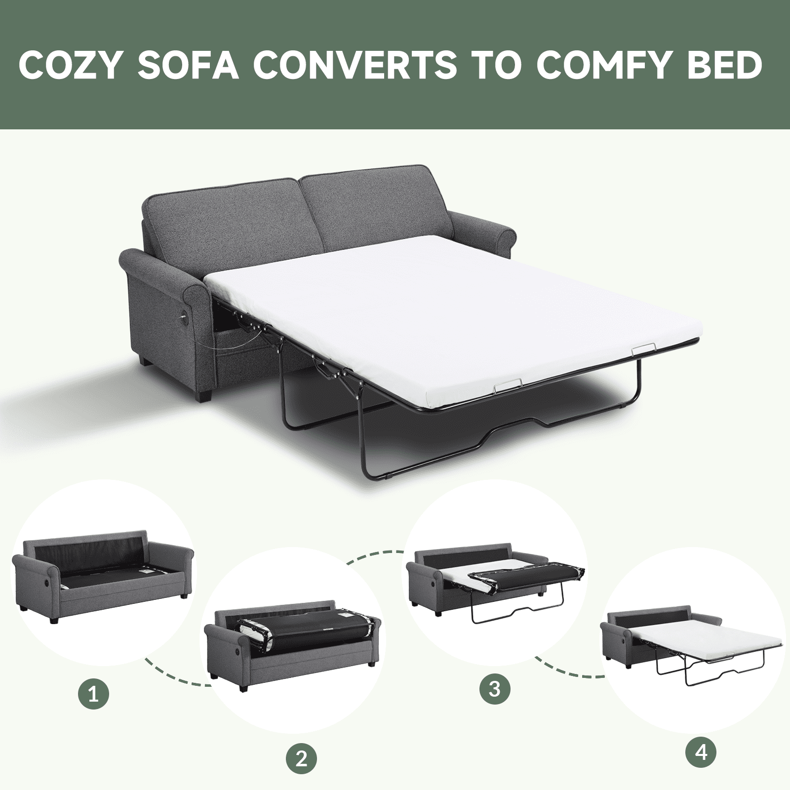 Full Sleeper Sofa Bed, 2-in-1 Pull Out Couch w/Mattress & USB Charging, Compact Loveseat for Small Spaces, Living Room & Bedroom, Dark Grey
