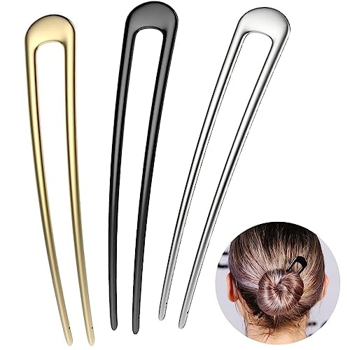 French Hair Pins Metal Hair Forks U Shaped Long Chignon 2 Prong Sticks for Women Hair Accessories (Black,Gold,Silver) 3Pcs