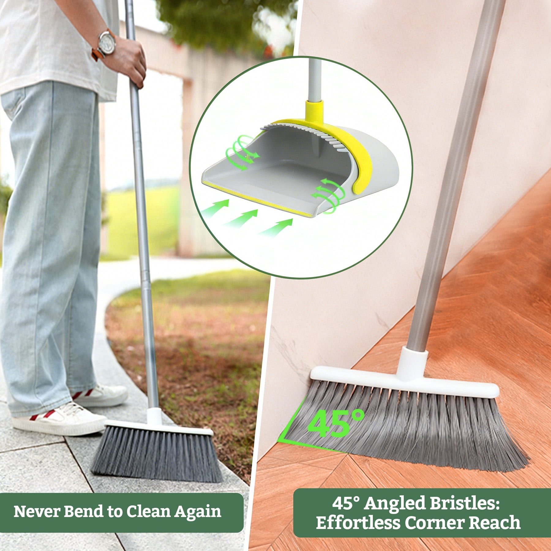 Eyliden Broom and Dustpan Set, Upright Stand Dustpan with Comb for Remove Dust, Extendable to 52”, Grey