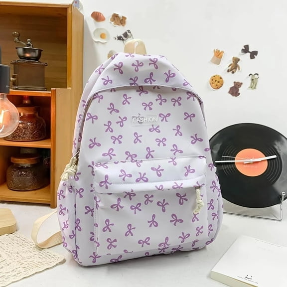 School Backpacks,Back To School Backpack,Bow Backpack - Coquette Aesthetic Nylon Rucksack Cute Kawaii Back Pack with Bow Pattern (Purple)