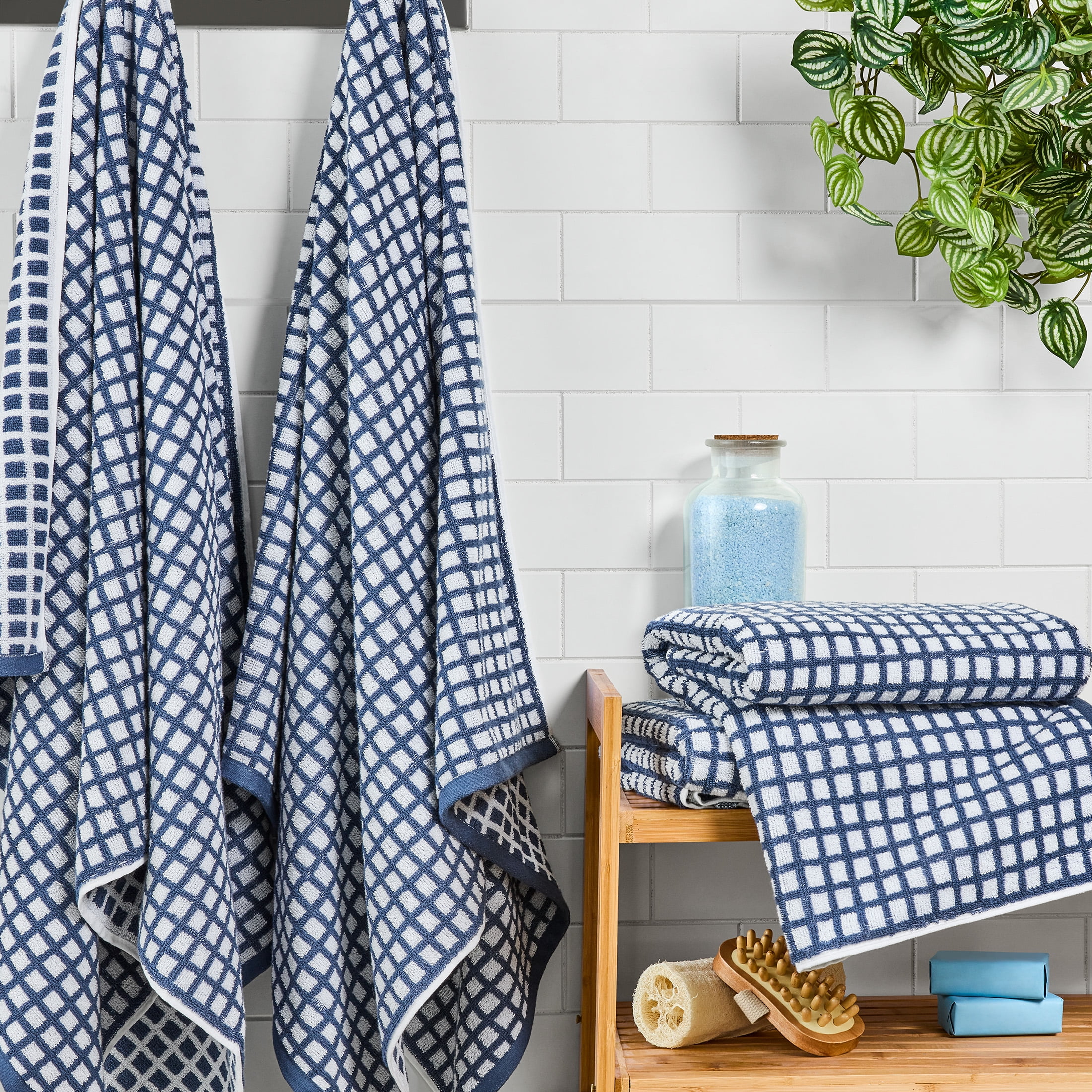 Mainstays Performance Super Soft Quick Dry Bath Towel Set, 4-Piece, Checkered Blue