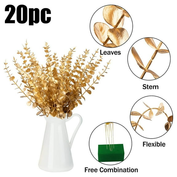 20 Pcs Gold Artificial Leaves Branches With Leaves 15 Inch Faux For Vase Wedding Bouquet Home (Gold)