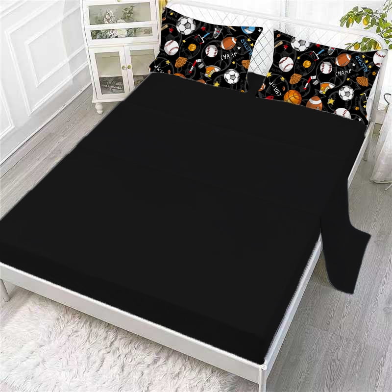 Twin Sports Comforter Set Black Ball Bedding Sets for Boys Girls Kids Teen 3D Soccer Basketball Baseball Football Design 5Pcs Bed in A Bag