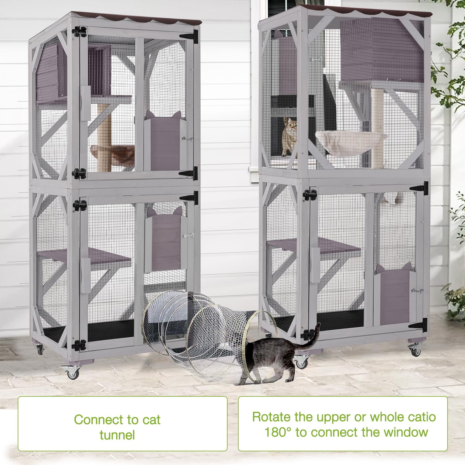 BUTINGLALE Catio Outdoor Cat Enclosure Window Waterproof Roof Cat Patio with Scratching Posts and Basket, Outdoor Catio House Easy Mobile with Brake Wheels Indoor 62.8"