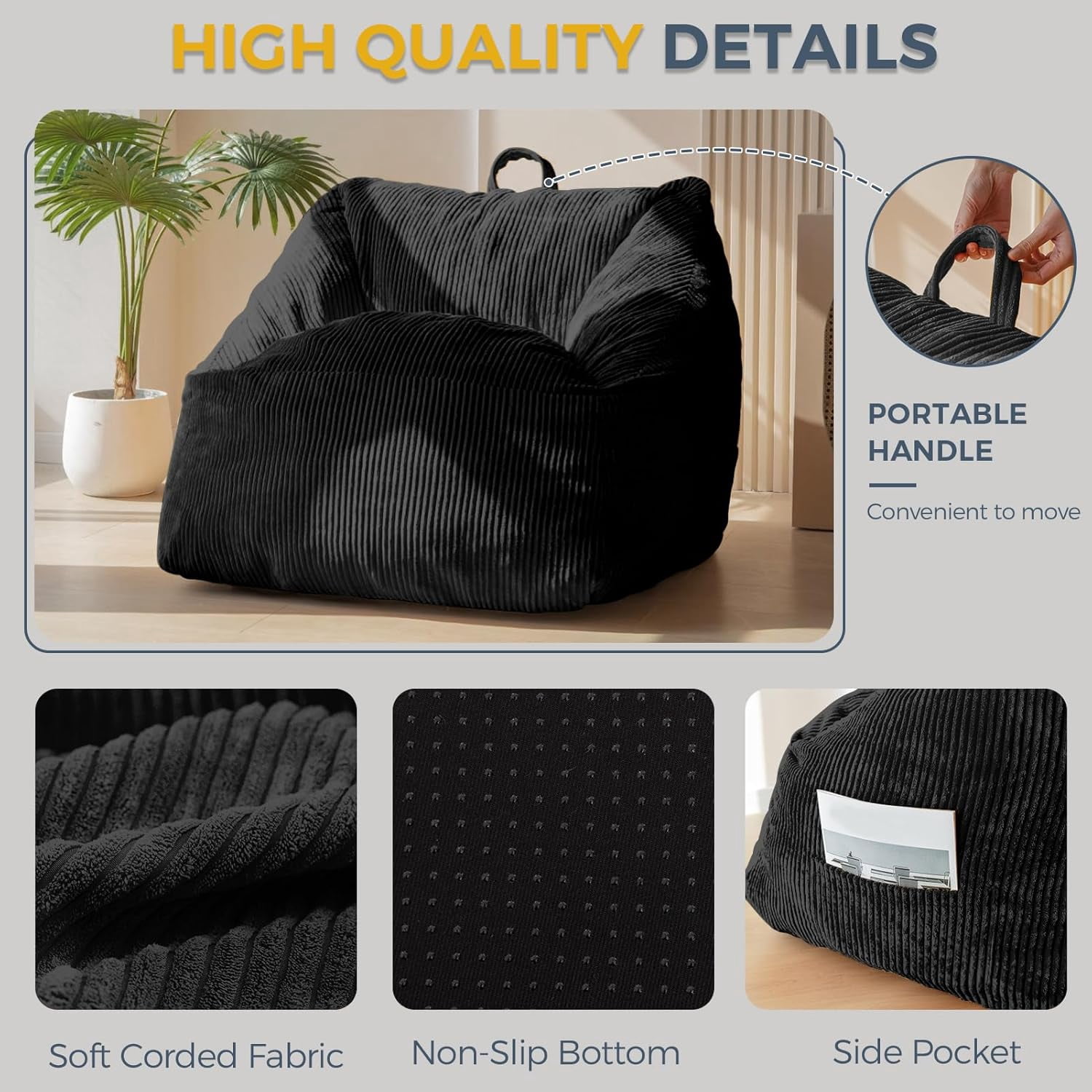 Leumius Bean Bag Sofa,Bean Bag Chair with Tufted Soft Stuffed Filling,Lazy Sofa BeanBag Chairs with Memory Foam for Dorm, Apartment, Living Room,Black