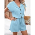 thumbnail image 2 of MORTTIC Women's 2-Piece Summer Lounge Set, Textured Short Sleeve Button-Down Shirt and Matching Shorts Outfit, L, 2 of 6