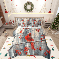 Manfei Cardinal Bird 7-Piece Twin Bedding Sets,Merry Xmas Bedding Comforter Set,Red Christmas Berry Sheet Sets For Girl Teens,Breathable Home Decor Reversible