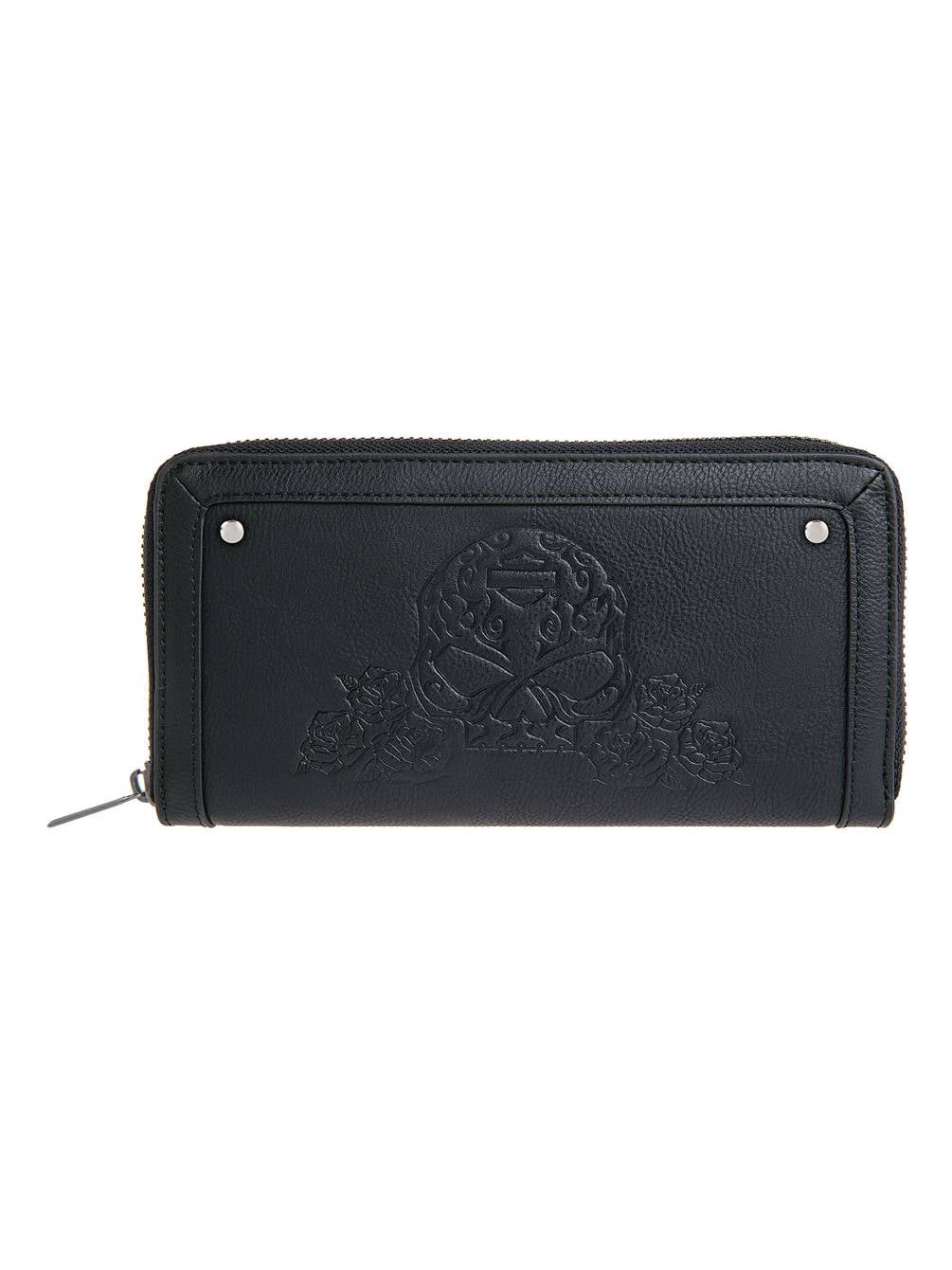 Men's Black Trifold Wallet with Black and White Sugar Skull Print on Front 