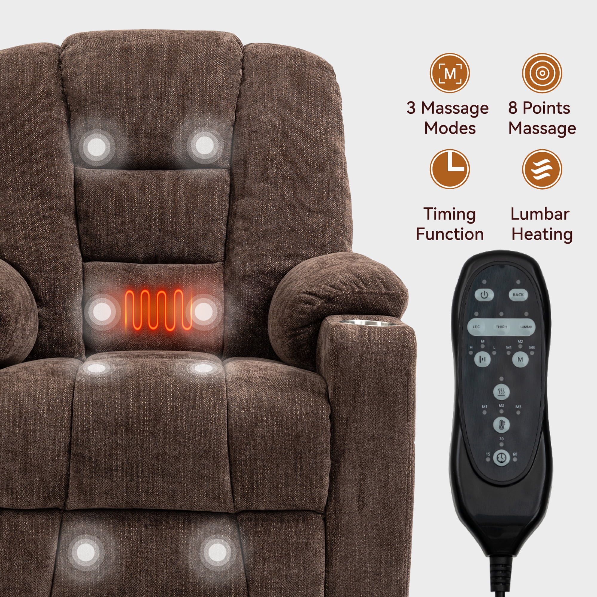 Large Power Lift Recliner Chair with Massage and Heat for Elderly,Chenille Overstuffed Wide Recliners with USB and Type C Ports, 2 Steel Cup Holders,Brown