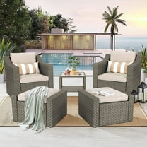 SOLAURA 5-Piece Patio Furniture Set Outdoor Wicker Conversation Set with Lounge Sofa Chairs & Ottomans - Gray