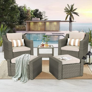 SOLAURA 5-Piece Patio Furniture Set Outdoor Wicker Conversation Set with Lounge Sofa Chairs & Ottomans - Gray