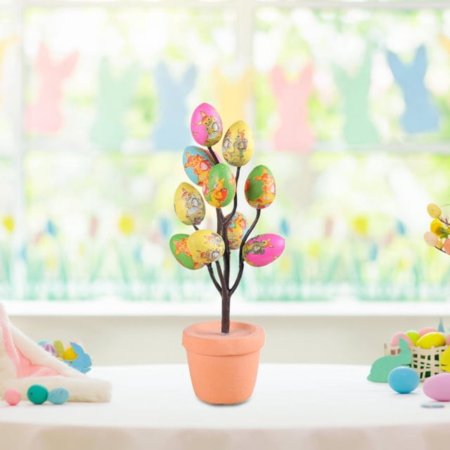 Easter Egg Decoration Tree Easter Egg Bonsai Artificial Easter Decoration Easter Simulation Eggs Potted Cartoon Printed Eggs Easter Desktop Decoration Ornaments