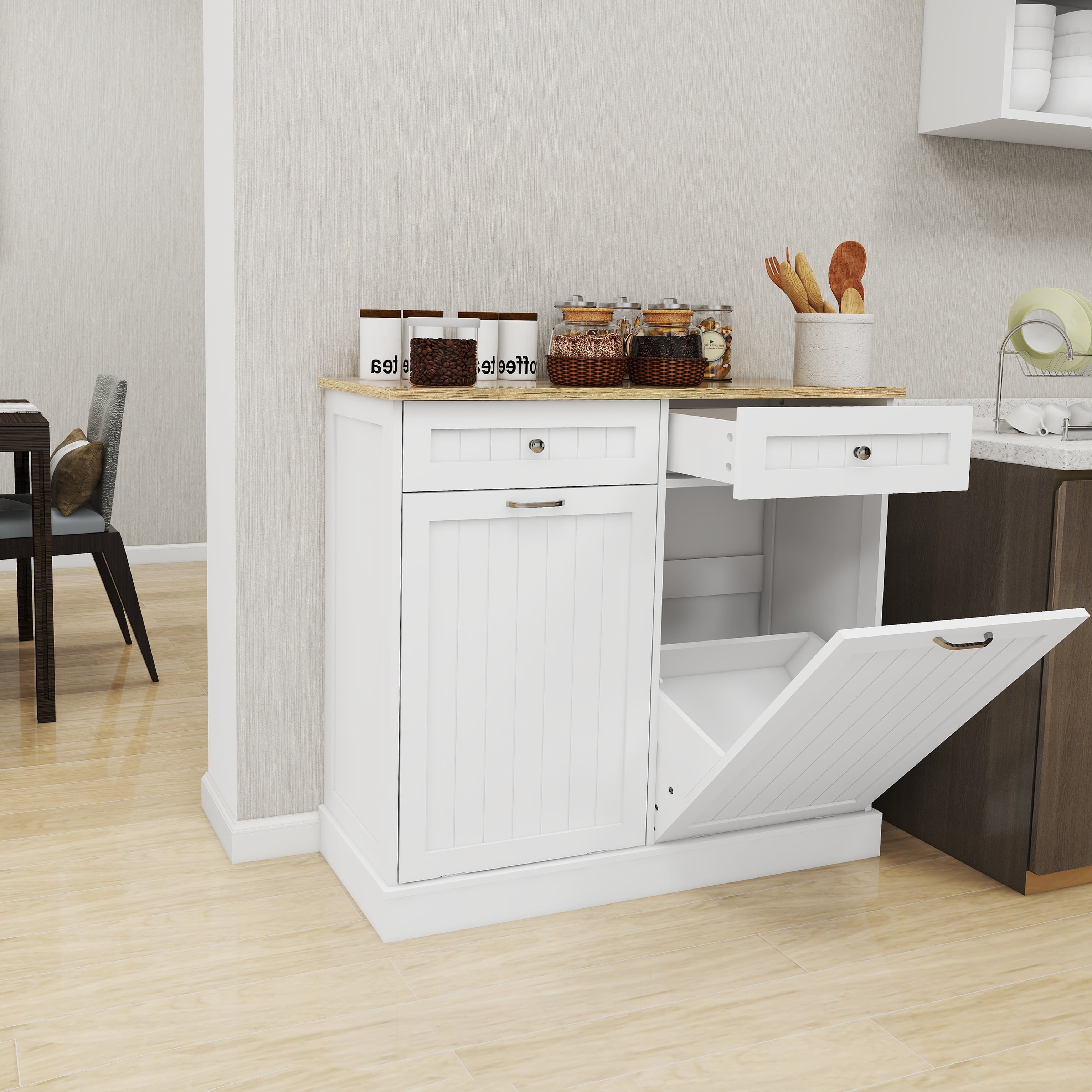Mintazer Kitchen Trash Cabinet with 2 Tilt‑Out Compartments, Freestanding Storage Sideboard with 2 Drawers & 10‑Gallon Trash Can Holder for Kitchen Dining Room, White