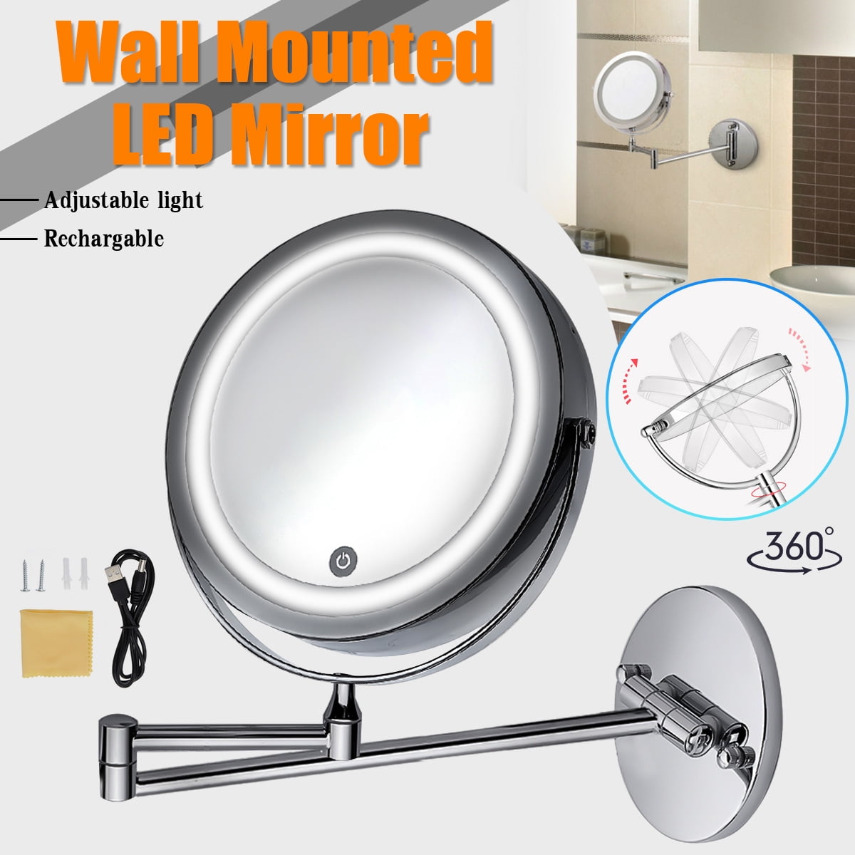 7''/6'' 360° Adjustable Touch LED Lighted Mirror Wall Mount Cosmetic
