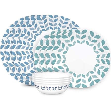 Corelle Vitrelle Glass Dinnerware Set, Chip & Crack Resistant Triple Layer Glass, 12-PC Dinnerware Set, Northern Pines