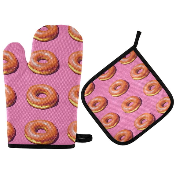 Yayeee Oven Mitts and Pot Holder Set of 2 Heat Resistant Kitchen Gloves Baking Hot Pad, Pink Doughnuts