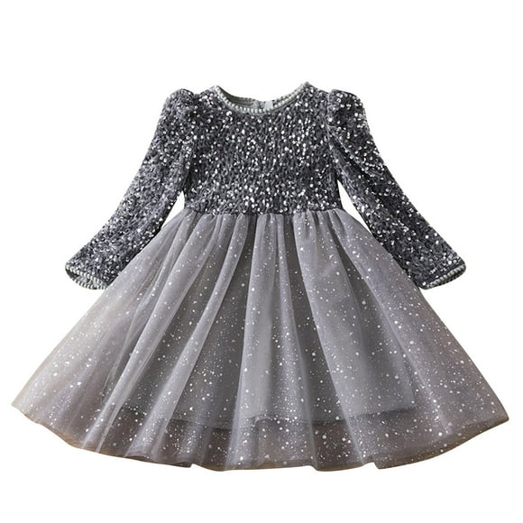 Little Girls Long Sleeves Casual Birthday Dress with Tutus Skirt Fall Winter Knit Sweater Christmas Dresses Halloween Gifts Gray 110
