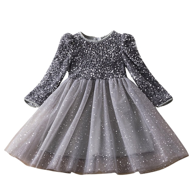 PEZHADA Robe d'Hiver pour Bébé Fille Robe d'Hiver à Manches Longues à Sequins Robe de Princesse Étrangère Robe de Mode Patchwork en Gaze