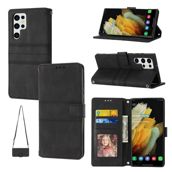 Mantto for Samsung Galaxy S24 Ultra Wallet Case, PU Leather with Long Crossbody Strap Card Slots Soft TPU Inner Shockproof Protective Flip Cover Phone Case for Samsung Galaxy S24 Ultra,Black