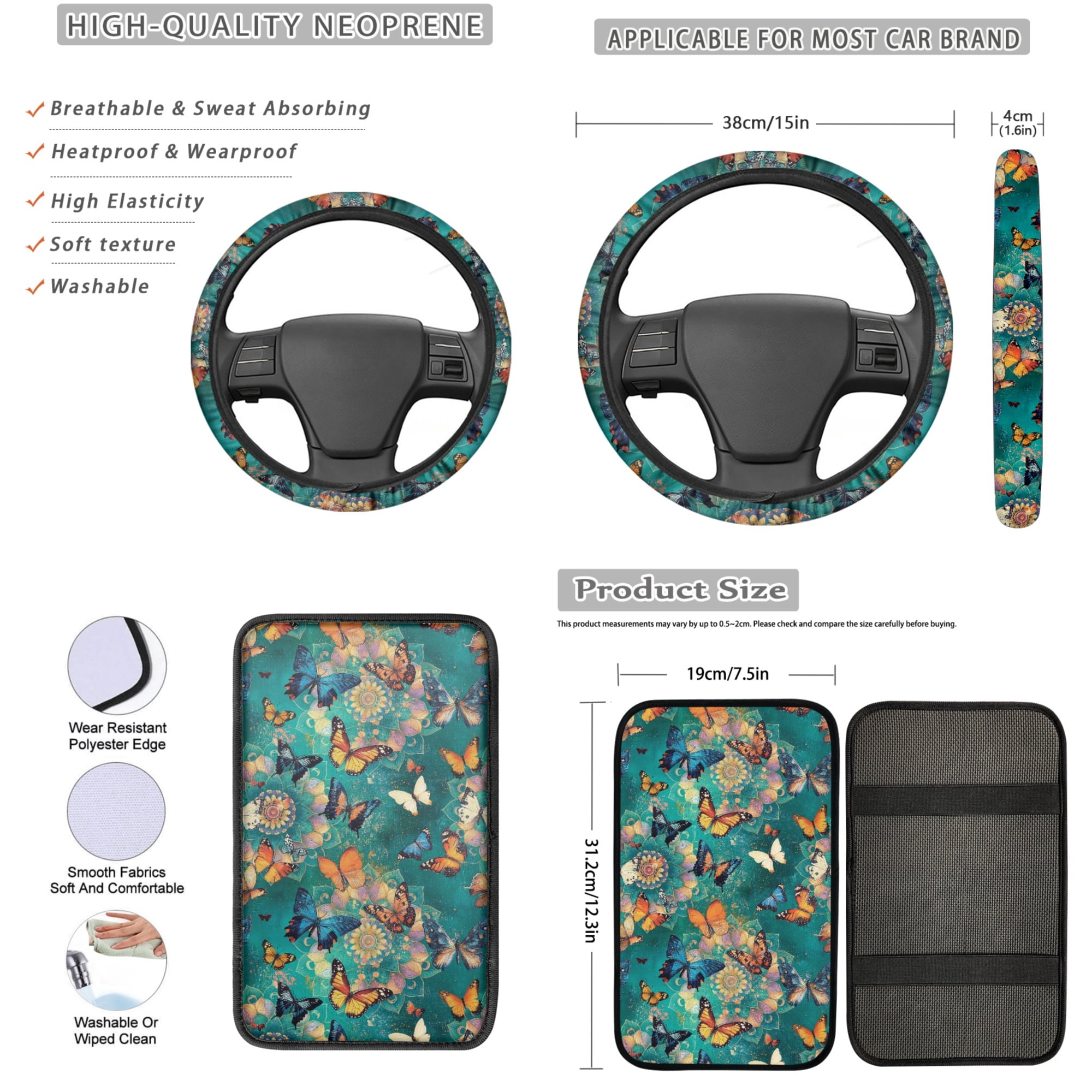 Jeiento Butterfly 13 PCS Car Seat Cover Full Set with Auto Steering Wheel Cover Seat Belt Strap Pads Cup Coasters Armrest Pad Boho Flower Keychains Chapstick Holder Universal Fit Easy Install