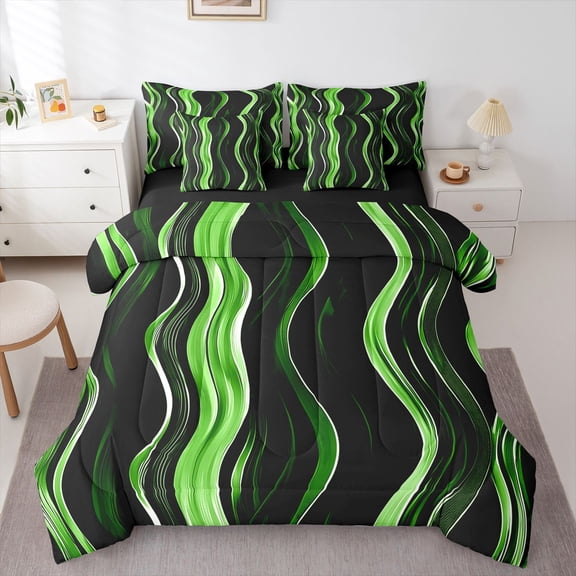 Homewish Green Wavy Stripes 7-Piece Twin Bedding,Classic Abstract Geometric Bedding Comforter Set,Black Reversible