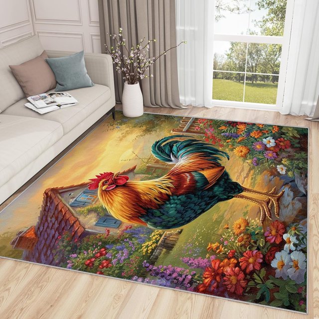Rooster Rugs for Kitchen Floor - 7x10 Rug, Rooster Rug - Home Decor, Rustic Farmhouse Washable Rugs for Living Room Bedroom, Retro Farm Animal Area Rug, Chicken Carpet, Rooster Gifts for Women