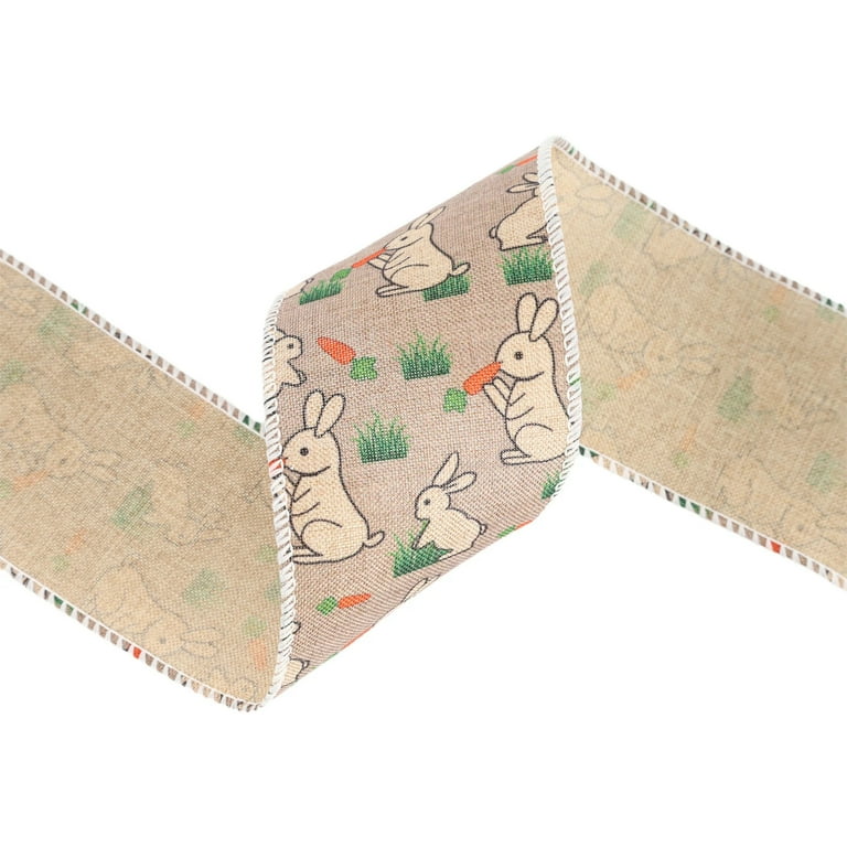 LaRibbons 2.5 Inch Wired Easter Ribbon - Carrot & Bunny Print, 10 Yards, Linen Texture, For Bows, Wreaths, Gift Wrapping