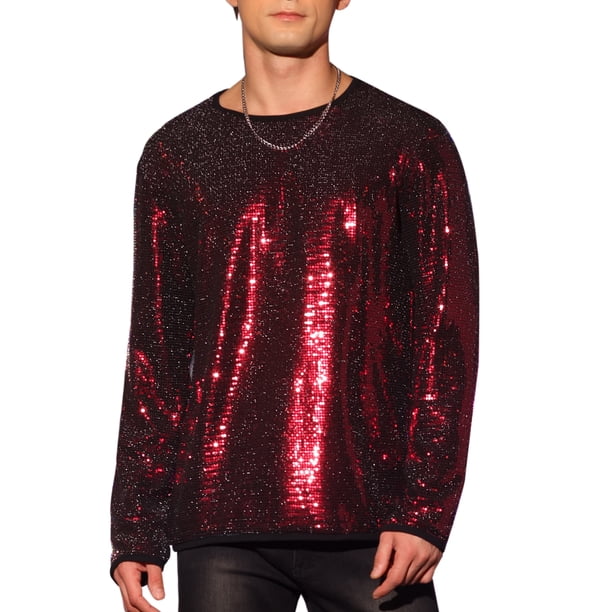 INSPIRE CHIC Camisetas para hombres con cuello redondo de manga larga y ajuste regular, con lentejuelas brillantes, color rojo M