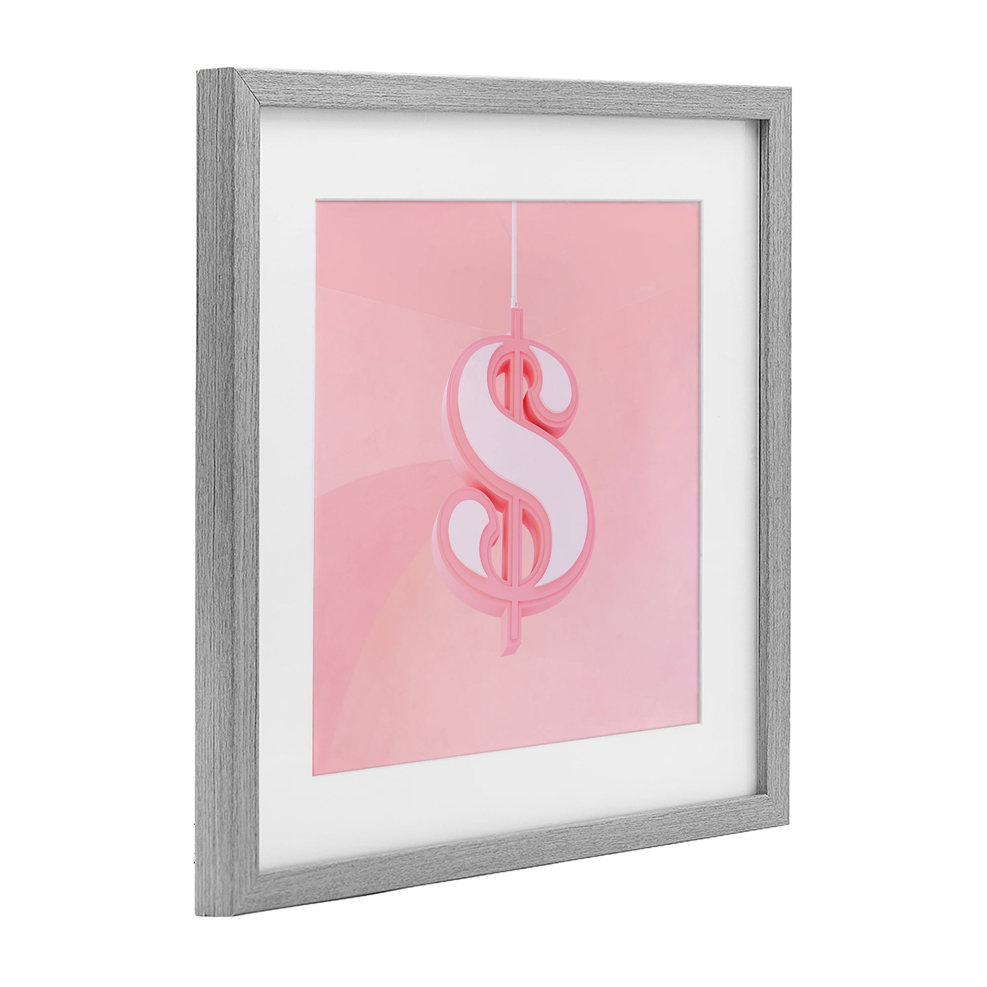 Pink Pastel Dollar Sign Gray Framed Print Under Glass, design by LISH Creative