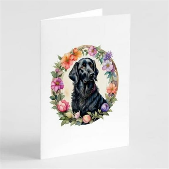 Flat-Coated Retriever and Flowers Greeting Cards and Envelopes Pack of 8 7 in x 5 in