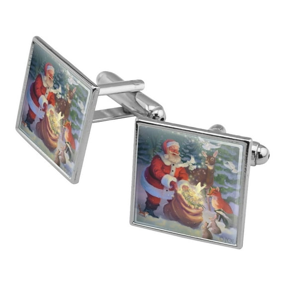Christmas Holiday Santa Magic Peace Doves Square Cufflink Set - Silver or Gold