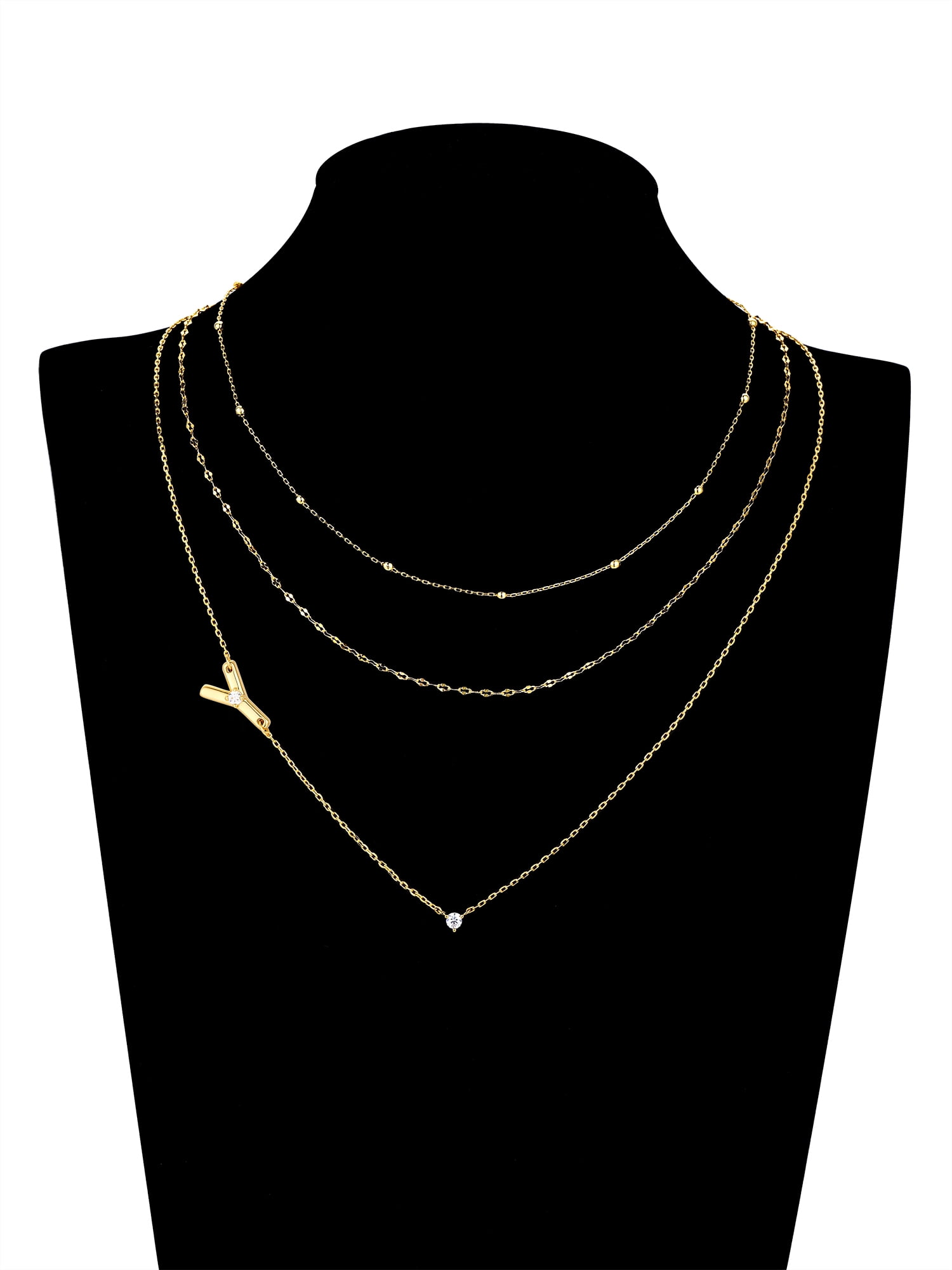 Believe by Brilliance Y Triple Chain Initial Necklace Set in 14KT Gold Flash Plated Brass