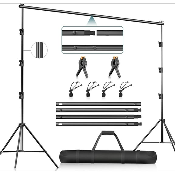 Photography Video Studio 10 x 10 ft Heavy Duty Adjustable Backdrop Stand with Carrying Bag, 6 Clips