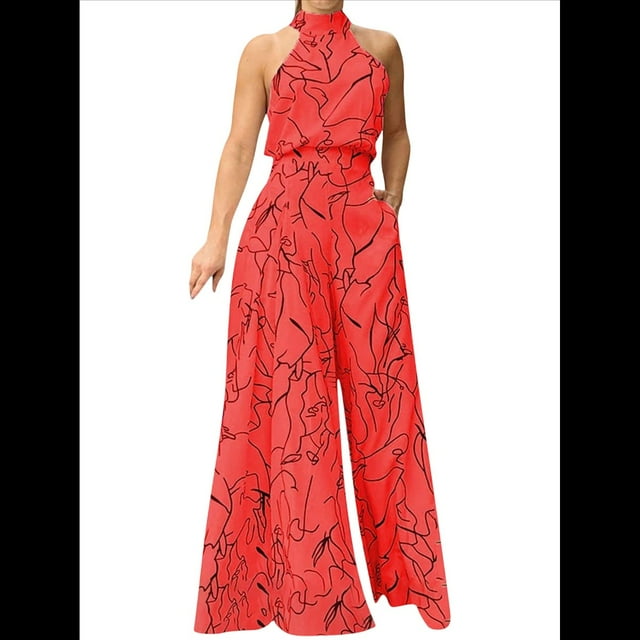 Elegantes para Mujer, para Fiestas de Noche, Invitadas de Boda, Grandes, Sin Mangas, Pantalones Largos de Pierna Rojo XXXL