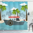 thumbnail image 1 of Graphic Beach Shower Curtain, Cartoon Boat on Sea with Topic Palm Trees and Silhouettes Nautical Landscape, Fabric Bathroom Set with Hooks, 69W X 84L Inches Extra Long, Multicolor, by Ambesonne, 1 of 3
