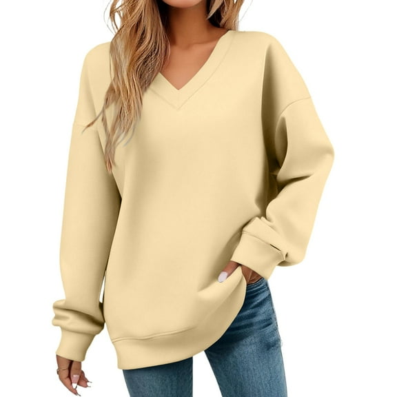 Women's Fashion V-neck Cozy Long Sleeved Sweatshirt Pullover Casual Sweat Shirts Cute Fall Winter Loose Fit Outfits