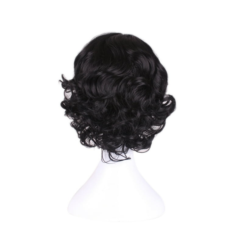 Kamo Hair Cap Short Black Curly Wigs with Middle Part for Women