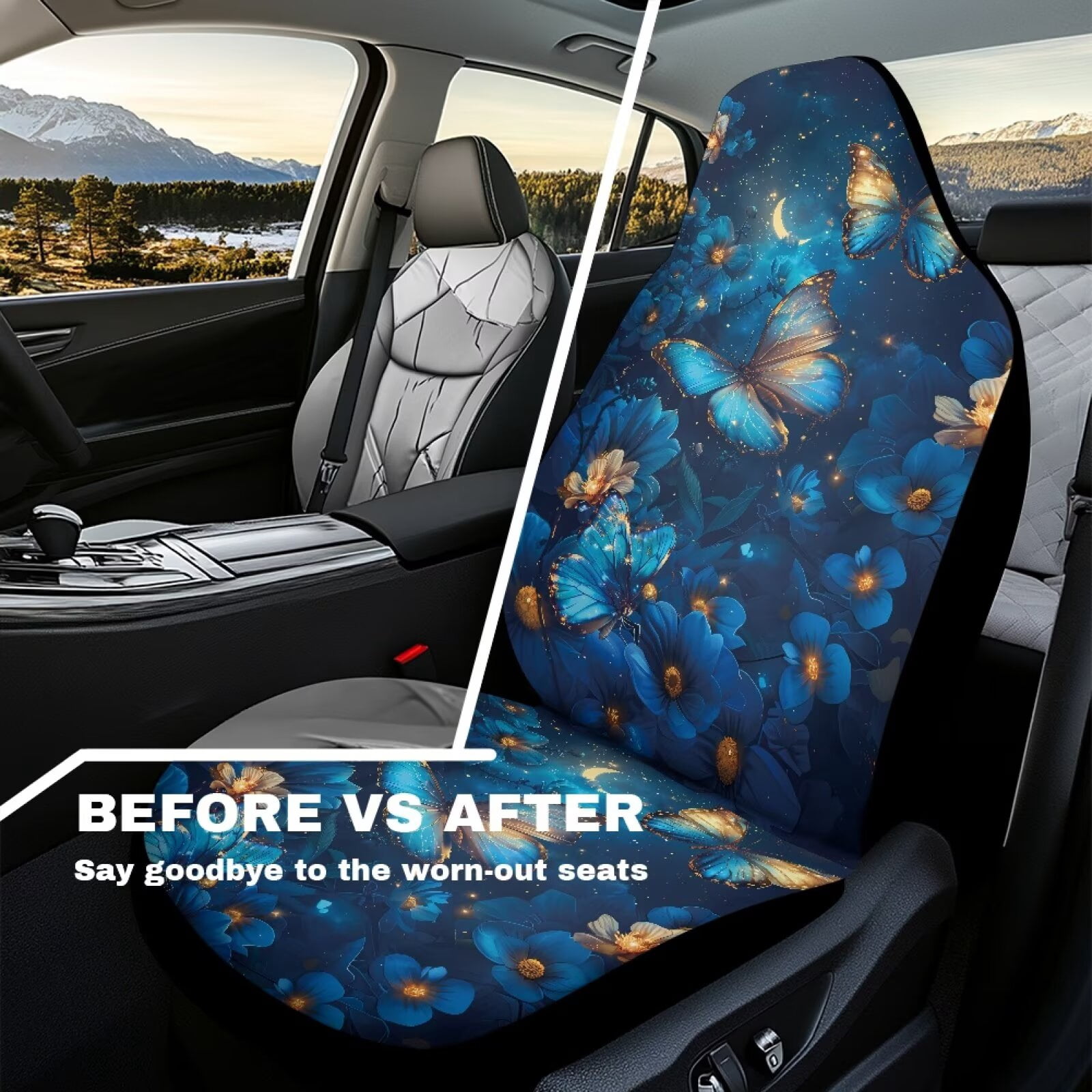 Uorisanigo Waterproof Car Front Seat Covers Stretch Polyester Fabric Cover Blue Butterfly Floral Auto Interior Accessories 2 Pcs Set Universal Front Seat Cover Fit for Most Cars,SUV, Trucks