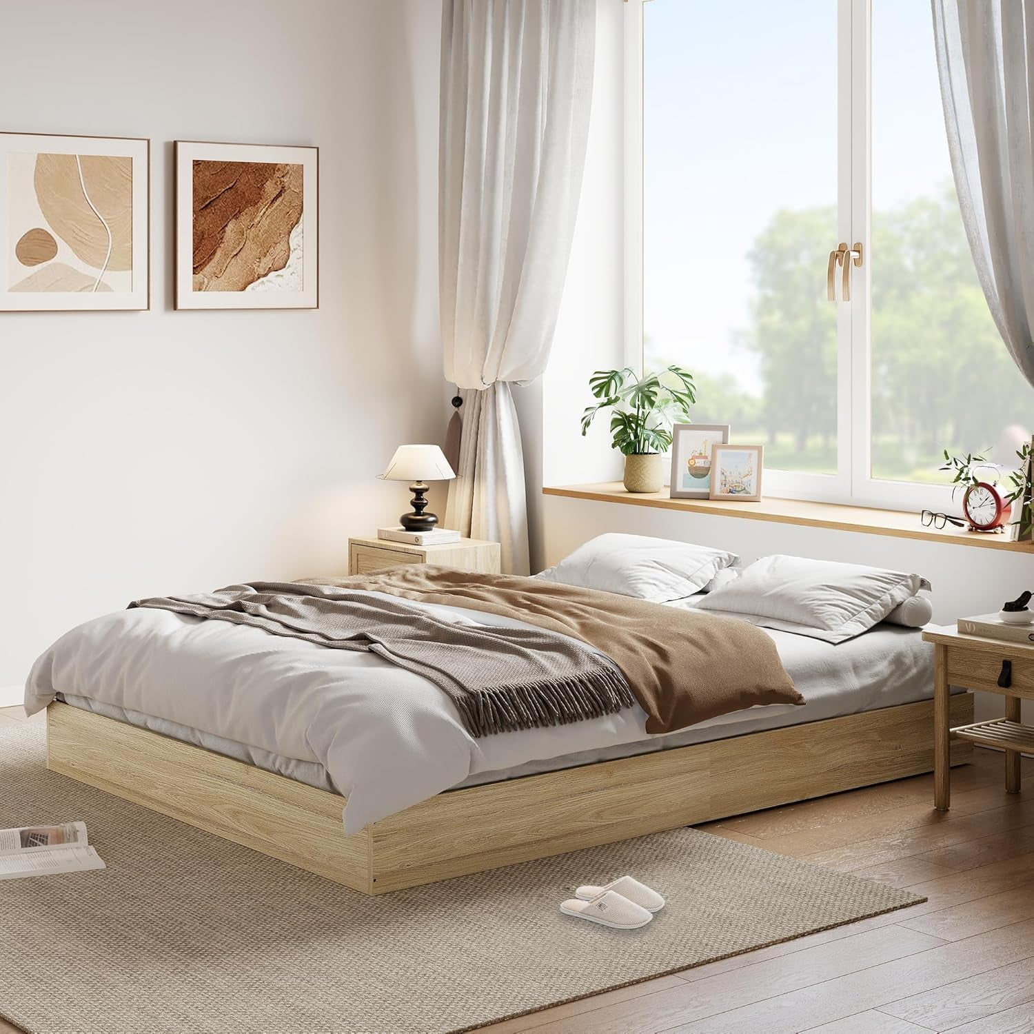CazToi Queen Size Wood Platform Bed Frame No Headboard Design with Wood Slat Support No Box Spring Needed