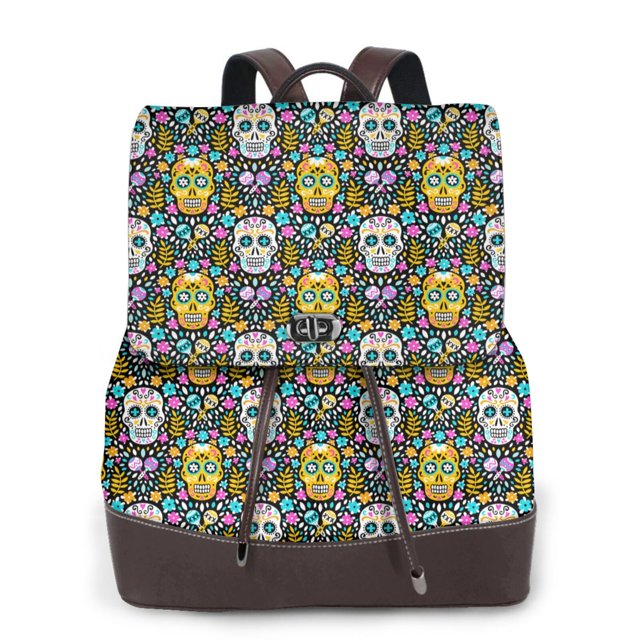 Disketp Sugar Skulls Mochila de Cuero para Mujer, Bolso de Espalda Antirrobo con Estilo para Viaje, Trabajo y Uso Diario
