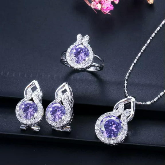 3Pcs Purple Zircon Stone Women Dancing Party Jewelry Round Necklace Earring Sets
