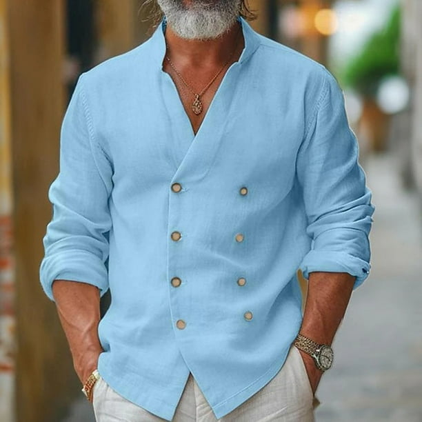 pstuiky Camisas casuales de manga larga para hombre, Camisa informal de manga larga con cuello alto y botones de color liso para hombre Tops casuales para hombres m