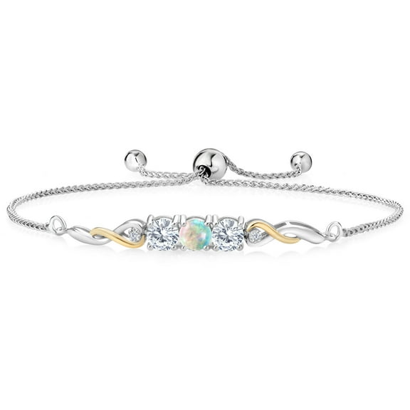 Gem Stone King 925 Sterling Silver and 10K Yellow Gold White Opal Tennis Bracelet for Women (1.52 Cttw, Gemstone October Birthstone, Fully Adjustable up to 9 inch)