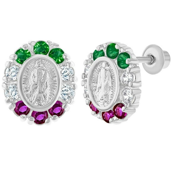 Rhodium Plated Virgin Mary Lady of Guadalupe Crystal Screw Back Earrings