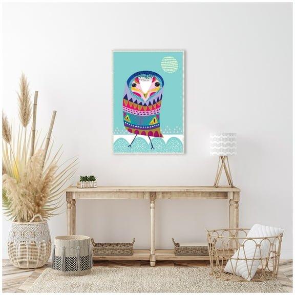 Kate and Laurel Boho Colorful Folk Owl Framed Canvas Wall Art  by Rachel Lee 23 x 33 Sylvie Beaded White, Bohemian Boho, Abstract, Animals Art for Wall Decor, Living Room Bedroom