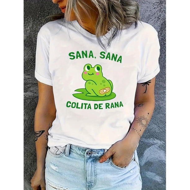 Women's Casual Round Neck T-Shirt with Frog Print, Short Sleeve, Comfortable Summer Top, Polyester and Spandex Blend, Machine Washable