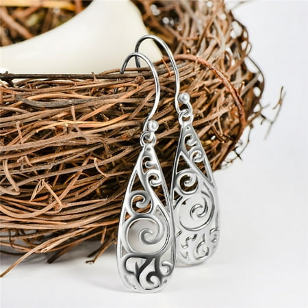 - Women Simple Jewelry Bohemia Fashion Silver Hollow Carved Water Drop Earrings