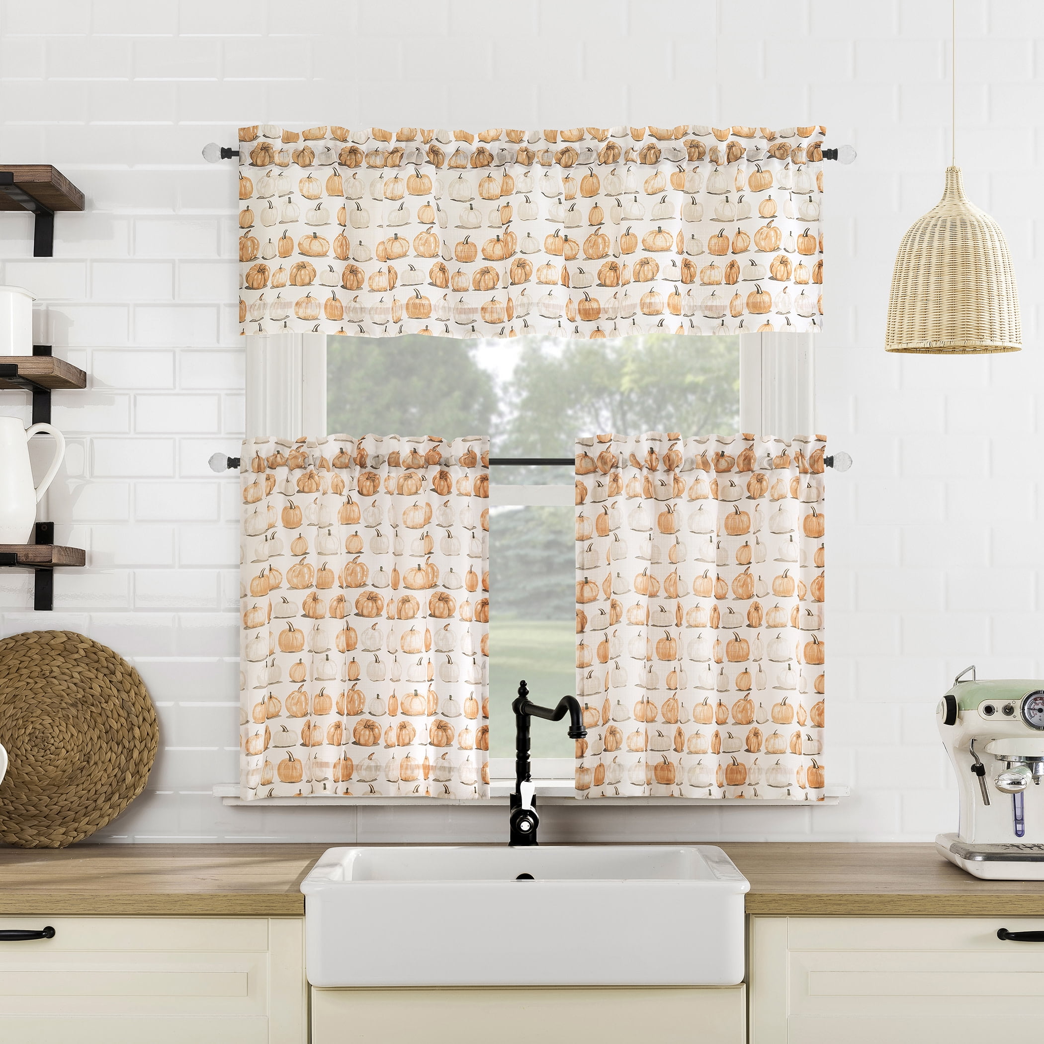 No. 918 Pumpkin Patch Semi-Sheer Rod Pocket Kitchen Curtain Valance, 54"x14"