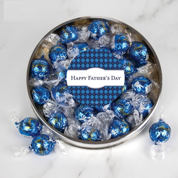 Fathers Day Plastic Gift Tin With 20 Blue Lindt Candy Truffles For Gifts And Giveaways (Argyle)