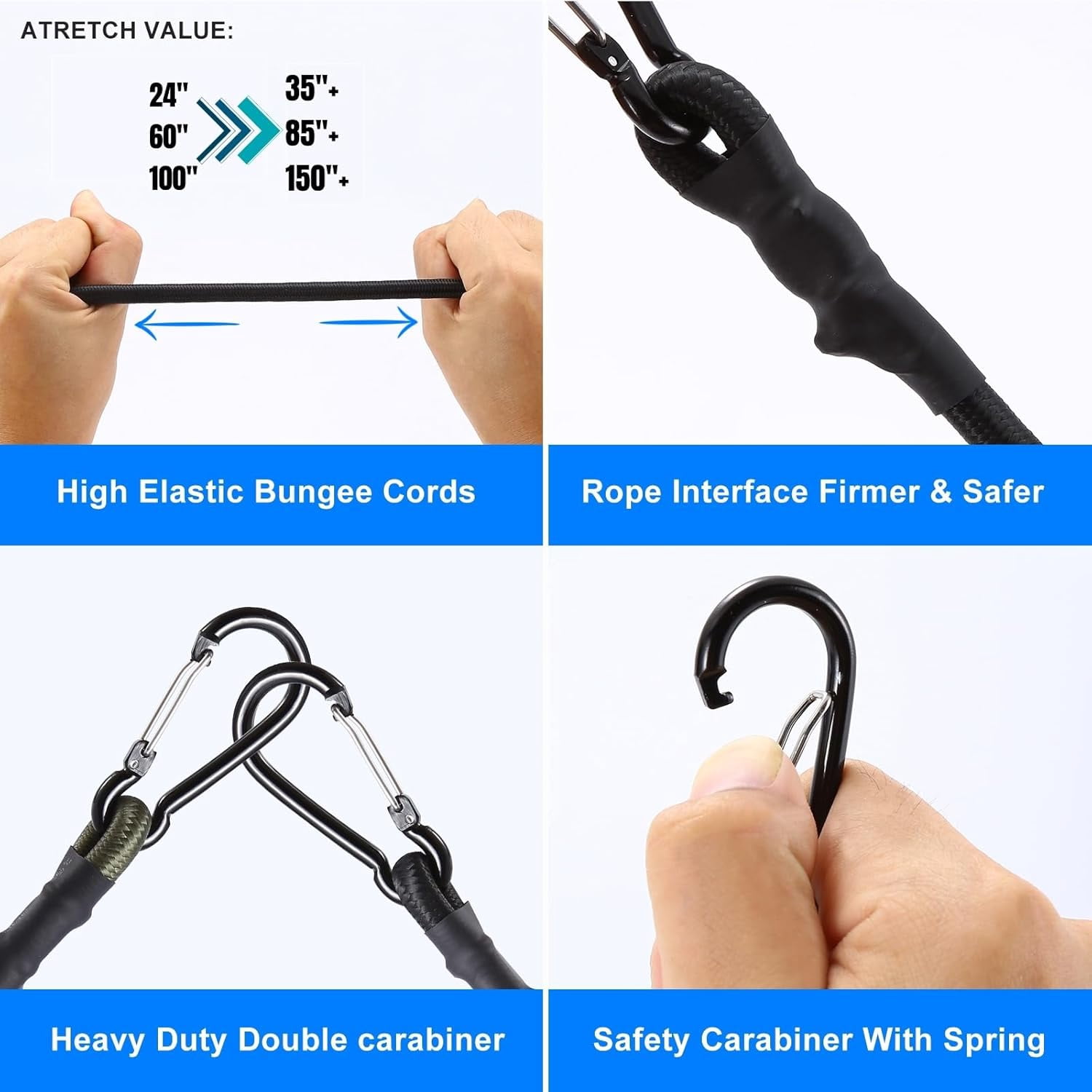 Carabiner Bungee Cords Heavy Duty Outdoor Black 60 inch 3 Pcs